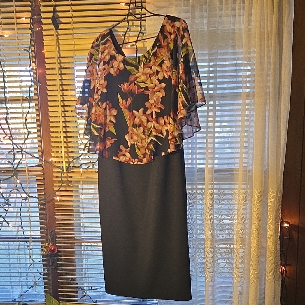 Connected Apparel Floral Overlay Midi Dress - Black and Pink